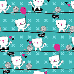 cute cats seamless pattern design with line and balloon texture textile wallpaper for kids 