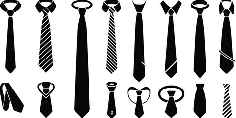 Assortment of black tie silhouettes with various knot styles and patterns Keywords: ties, neckties, fashion, mens fashion, accessories, formal wear
