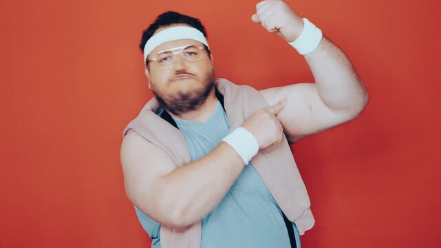 A funny fat man doing fitness. Retro style.