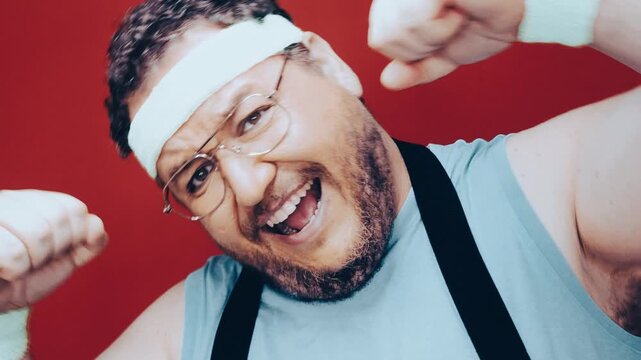 A funny fat man doing fitness. Retro style.