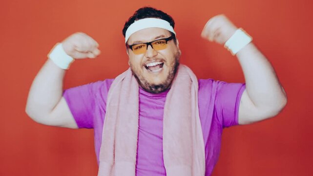 A funny fat man doing fitness. Retro style.