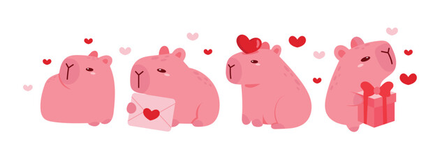 Cute Pink Capybara Valentine Gift and Love Letter Flat Vector Set