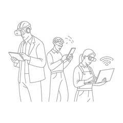  Minimalist Line Art Illustration People Using Technology, Business Teamwork Communication Digital Devices Vector Drawing