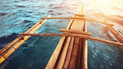 outrigger. Traditional canoe with wooden outrigger on calm blue ocean under tropical sun. mobility guides, transit brochures, designed for mobility and urban transit guides.
