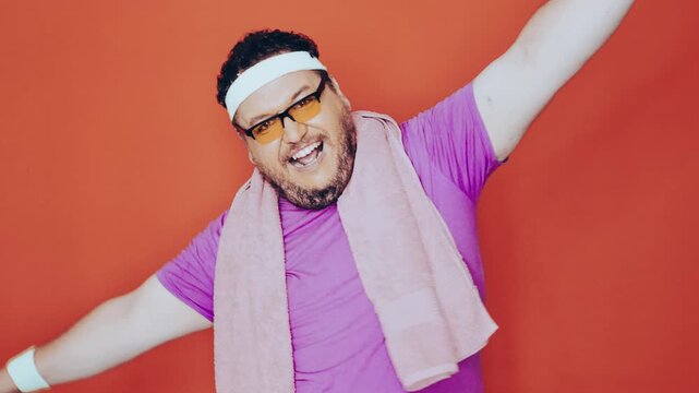 A funny fat man doing fitness. Retro style.