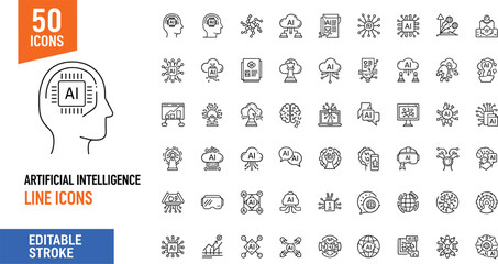 Fifty artificial intelligence line icons set featuring neural networks machine learning smart technology brain chip robotics and digital transformation editable stroke vector
