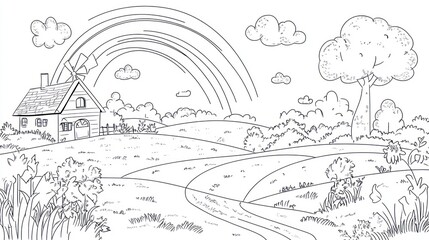 Black and white sketch of a countryside landscape with a rainbow, windmill, and house. Possible use coloring book illustration