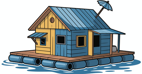 Cartoon floating house on barrels with blue roof and umbrella on water illustration shack