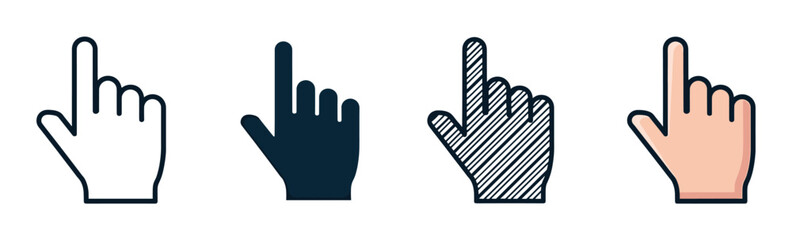 Fototapeta premium Set of four hand cursor pointer icons in various graphic styles including outline, solid silhouette, striped pattern, and color fill for user interface design and web navigation