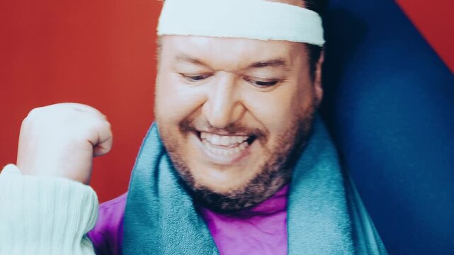 A funny fat man doing fitness. Retro style.