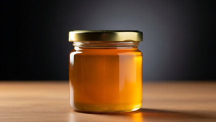 Golden honey in a clear glass jar with a metallic gold lid on a wooden surface amber liquid