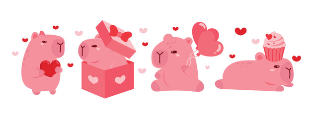 Cute Pink Capybara Valentine Balloons and Cupcake Flat Vector Set