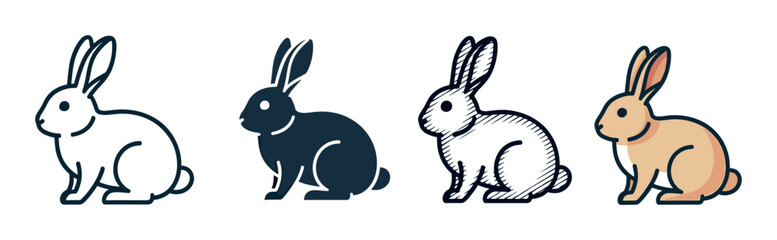 Fototapeta premium Set of four rabbit icons showing different artistic styles including line art, silhouette, sketch, and a simple colored version for graphic design or branding projects