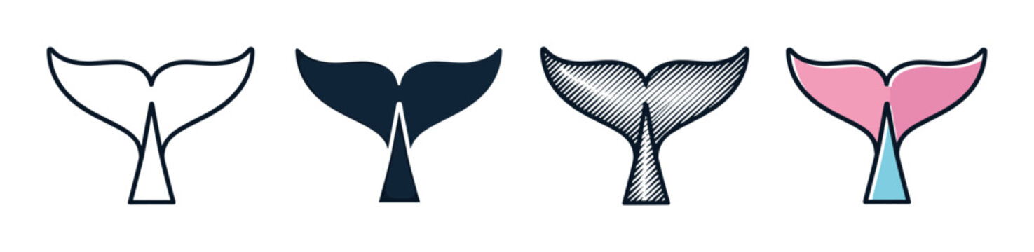 Whale tail icon collection featuring four distinct graphic styles such as simple line art, solid silhouette, hand-drawn hatching, and a modern colorful design