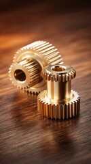 interlocked. Two interlocked brass gears turning against a dark, blurred background. safety posters, maintenance manuals, designed for precision metalworking and fabrication facilities.

