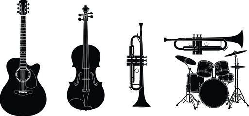 Fototapeta premium Set of 4 musical instruments silhouette acoustic guitar violin trumpet and drum kit 