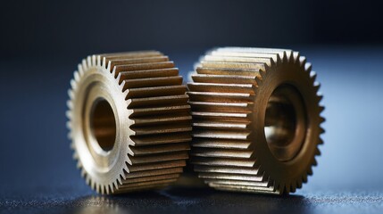 interlocked. Two interlocked brass gears turning against a dark, blurred background. safety posters, maintenance manuals, designed for precision metalworking and fabrication facilities.
