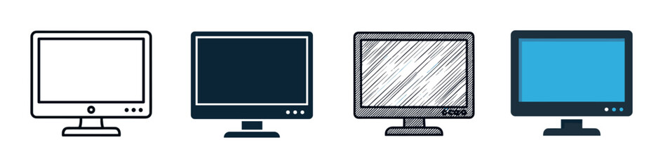 Fototapeta premium Set of four computer monitor icons in various design styles including line art, solid silhouette, hand-drawn sketch, and flat color illustration for graphic design