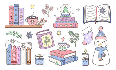 Winter books clipart set, Trendy Christmas bookish aesthetic, Book lover stickers, Cozy reading, Bookstore Holiday Graphic, Seasonal vector illustration.