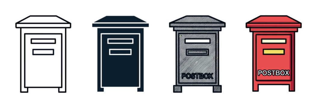 Set of four postbox vector illustrations showing different graphic styles including simple line art, a solid silhouette, a hatched texture, and a full color version