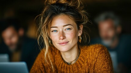 Young Woman with Freckles and Stylish Hair in Cozy Setting