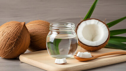 Whole and halved coconuts with clear oil in a glass jar and wooden spoon on a cutting board