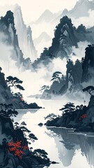 Serene Chinese Ink Painting of Mountains.