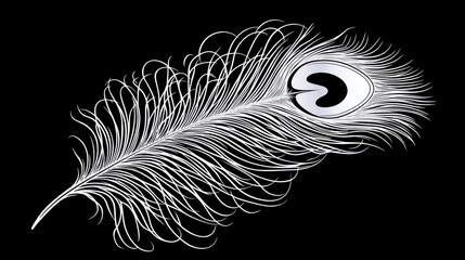 Detailed silver peacock feather on black background