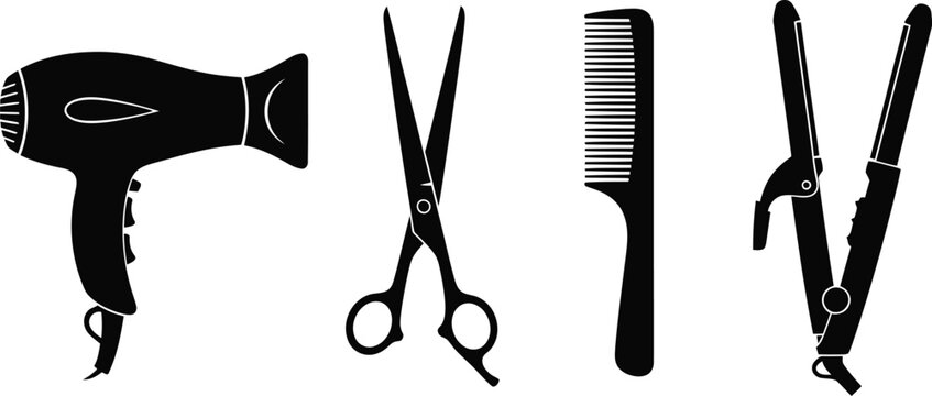 Silhouette illustration set of 5 hair salon tools hairdryer scissors comb curling iron and straightener