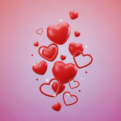 A cluster of red hearts floating on a pink background