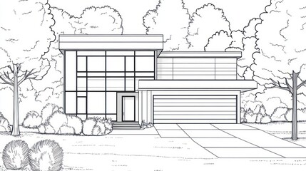Modern house sketch, contemporary architecture, suburban landscaping, architectural design