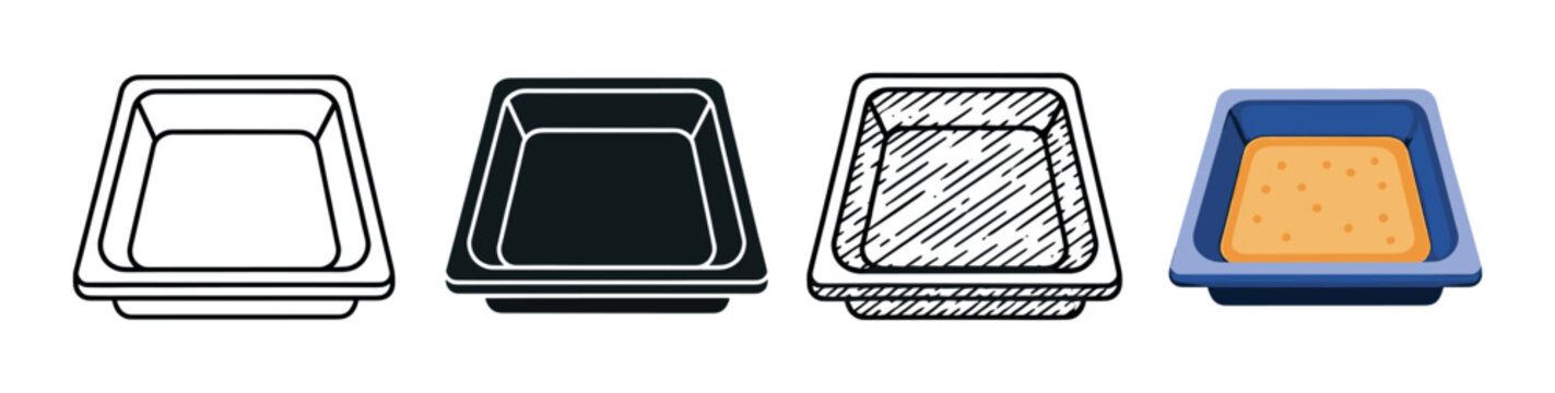 Four plastic container icons in different styles showing a line art, glyph, sketch, and colorful cartoon version of a square food tray for packaging or storage concepts