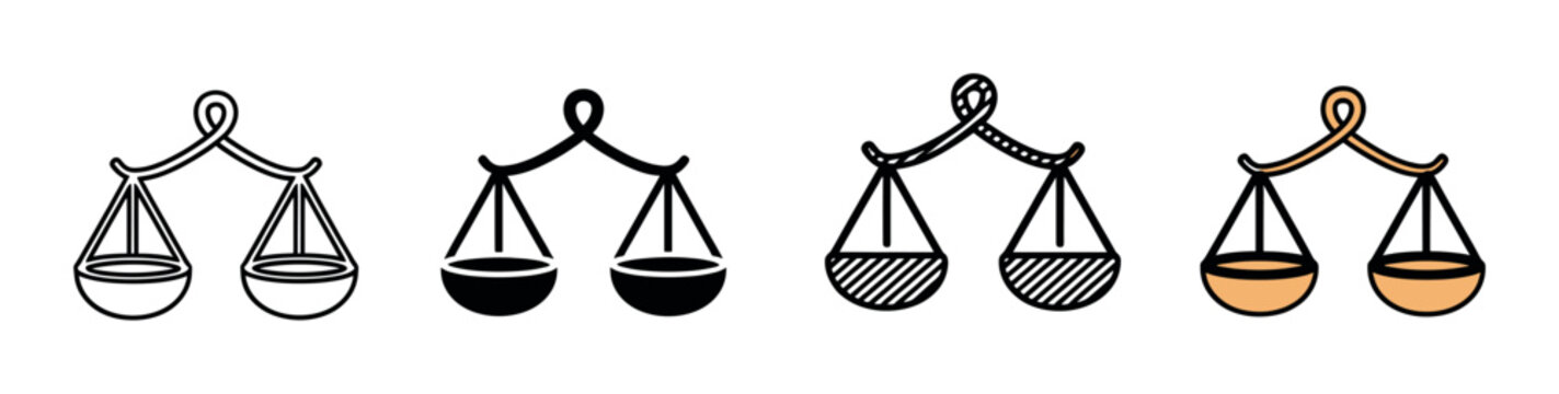Scales of justice icon set with four different design variations including simple line art, a solid black silhouette, a patterned version, and a colored fill style