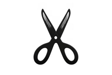 Black open scissors icon tool for cutting paper and crafts, isolated on transparent background, stationery item