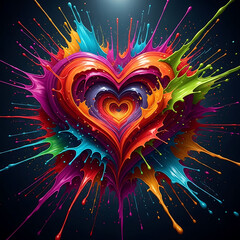 A vibrant and colorful heart made of paint splashes in a dark background