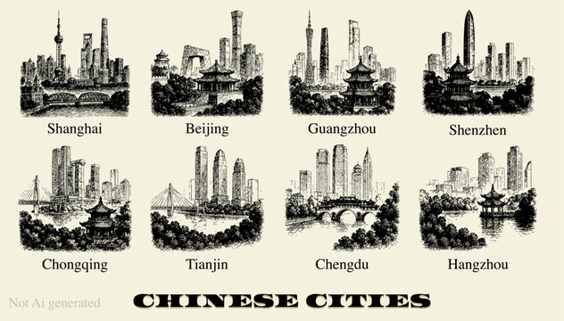 This artistic Chinese city skyline collection features eight detailed, hand-drawn sketches of major metropolitan hubs, including Shanghai, Beijing, Guangzhou, Shenzhen, Chongqing, Tianjin, Chengdu
