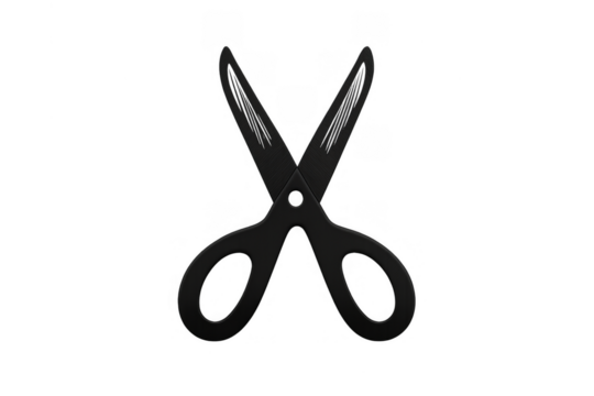 Black open scissors icon tool for cutting paper and crafts, isolated on transparent background, stationery item - Powered by Adobe