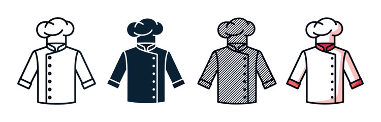 Fototapeta na wymiar Set of four chef uniform icons showing different graphic styles including outline, silhouette, pattern, and color for culinary, cooking, and restaurant branding concepts