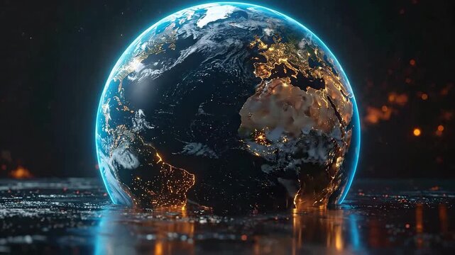 Glowing planet earth with city lights, clouds and a dark background