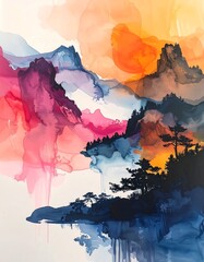 Watercolor Painting of Mountains and Lake.