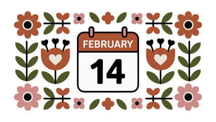 Valentine's Day Calendar Floral Illustration: a charming illustration of a calendar featuring the date February 14, adorned with romantic floral and heart elements.