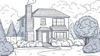 House drawing, front view, landscaping, sketch, architectural design