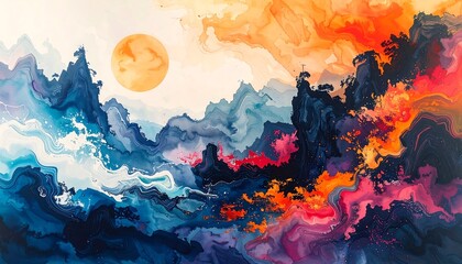 Vibrant Watercolor Landscape with Full Moon.