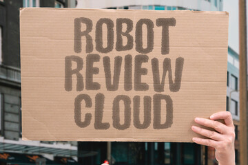 "Robot Review Cloud" A quiet scene as robot replaces review after the cloud. MORALE. OFFICE. UPSKILL. REMOTE. DOWNSIZE.