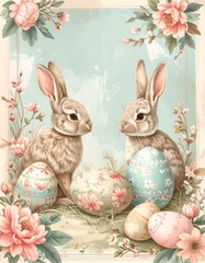 Vintage Easter Rabbits with Decorated Eggs.