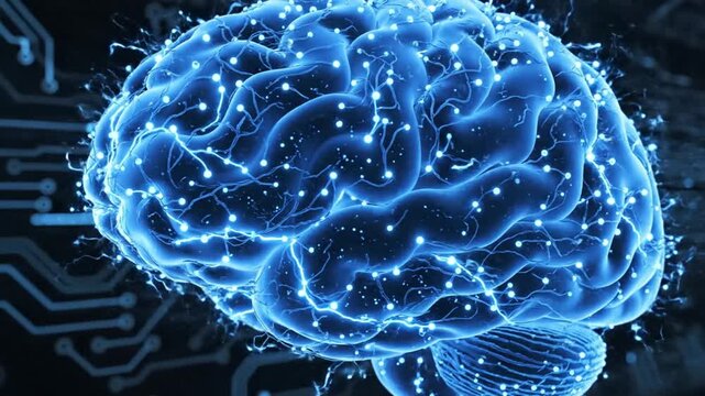 A futuristic video visualization of a human brain with glowing blue circuits and digital connections