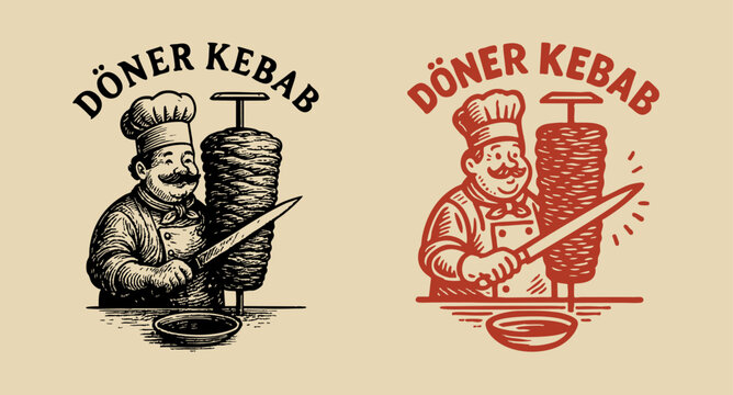 This vintage-inspired D&ouml;ner Kebab logo set features two high-quality, hand-drawn character illustrations perfect for traditional Turkish eateries and modern street food stalls.