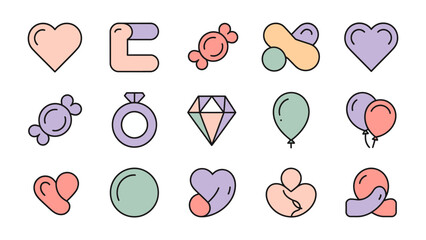 Festive Icon Collection: An array of colorful icons, celebrating love, joy, and togetherness. perfect for conveying festive, valentine's, and special occasion themes.