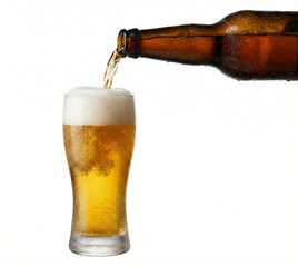 Beer pouring from bottle into glass for oktoberfest invitation isolated on white