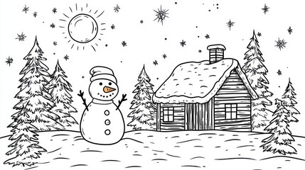 Winter scene with snowman and cabin, black and white illustration